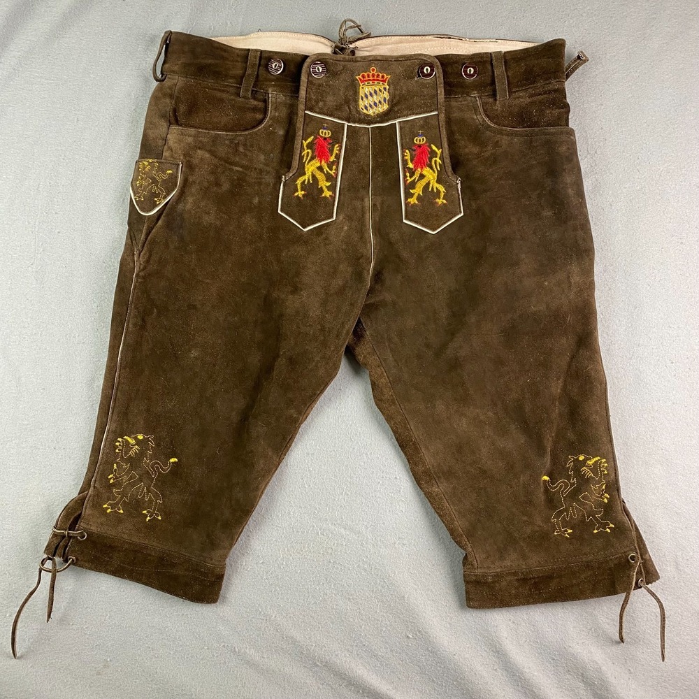 Gaudi Lederhosen Suede Shorts Mens US 42 Brown Embroidered Oktoberfest German